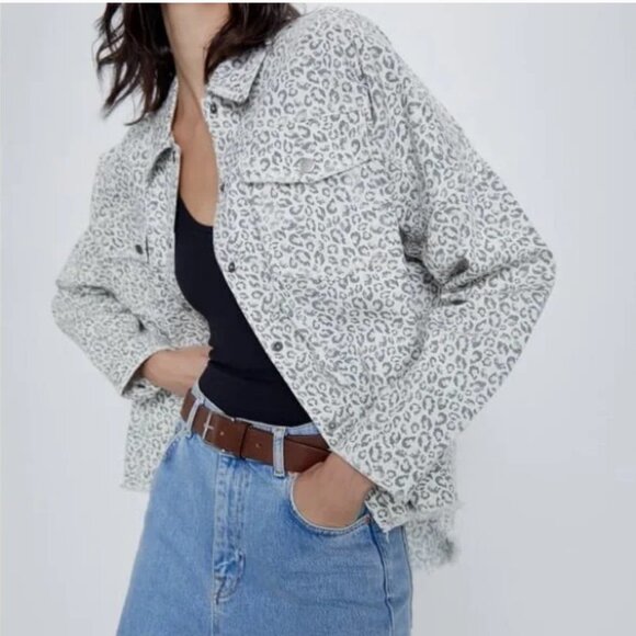 Zara Leopard / Animal Print Long Sleeve Denim Jacket / Long Sleeve Over-Shirt S - Picture 11 of 11